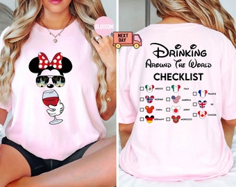 Camiseta Comfort Color Mickey Cerveza Minnie Vino Delantera y Trasera,Bebiendo Alrededor del Mundo, Lista de Verificación para Beber Alrededor del Mundo, Camiseta de Pareja Disney
