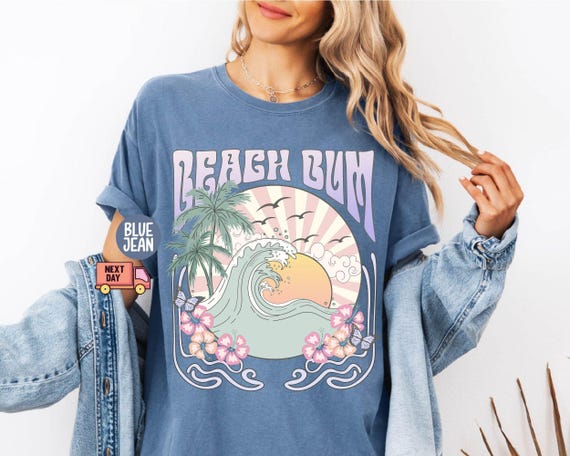 Comfort Colors® Beach Bum Shirt, Gift for Her, Beach Waves Tee, Preppy T-Shirt, Retro Beach Happy Vibes T-shirt, Summer Sunset Pastel Shirt