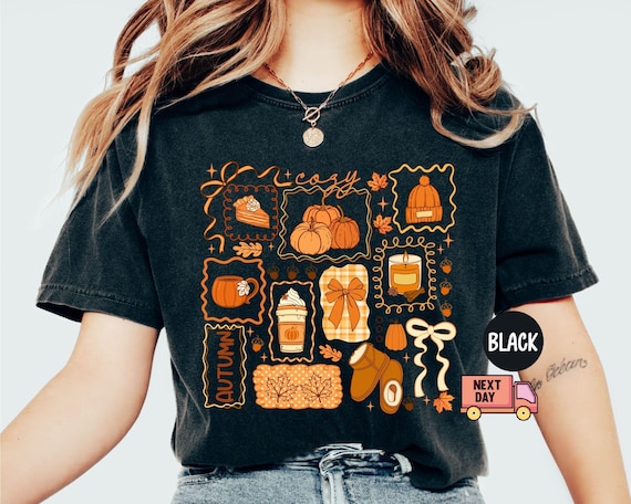 Comfort Colors® Cozy Season Shirt,Fall Season Shirt for Women,Girl Fall Shirt,Coquette Fall Shirt,Fall Doodle Shirt,Pumpkin Tee,Autumn Shirt