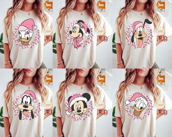 Komfort Farbe Mickey und Freunde Shirt, Rosa Weihnachten T-Shirt, Weihnachten Kariert, Disney Familie Passende Top, Weihnachtshemd,Weihnachtshemd