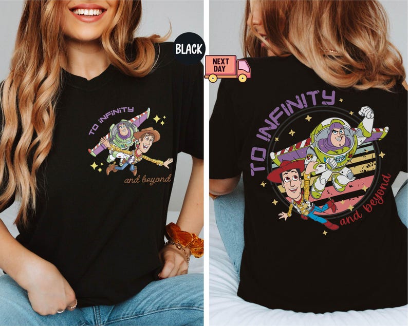 May include: Black t-shirt with a graphic print of Buzz Lightyear and Woody from Toy Story. The graphic features the text "To Infinity and Beyond".