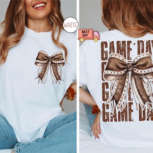 Comfort Color Coquette Bow Gameday Shirt, Baseball Mom Shirt,Sports Mama Gift,Preppy Aesthetic Shirts,Football Bow Shirt,Pink Coquette Shirt