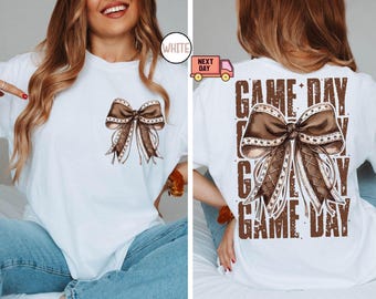 Comfort Color Coquette Bow Gameday Shirt, Baseball Mom Shirt,Sports Mama Gift,Preppy Aesthetic Shirts,Football Bow Shirt,Pink Coquette Shirt