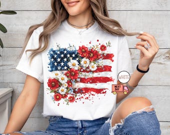 Comfort Colors® Floral American Flag T-Shirt, 4th of July Shirt, Independence Day Shirt, Patriotic Shirt, USA Flag Shirt, Gift for Her, Gift
