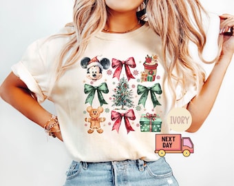 Comfort Color Disney Coquette Bows Gingerbread Christmas Tree Shirt, Mickey's Very Merry Xmas Party 2024 Tee,Disney Family Holiday Christmas