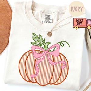 May include: Cream-coloured Comfort Colors t-shirt with an embroidered pumpkin design. The pumpkin has orange and white stripes, a pink bow, and green leaves. A gold necklace and a brown hat are also visible.