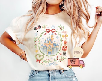 Comfort Colors® Retro Coquette Bow Disney Castle Christmas Shirt, Magic Kingdom, Mickey's Very Merry Christmas Party Shirt, Girly Nutcracker