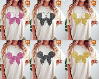 Camiseta familiar Disney Comfort Colors®, camiseta Disney para mujer, camiseta Disney con orejas, camiseta Disney Mickey Minnie, camiseta Disney con purpurina Minnie