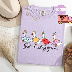 Peut inclure: T-shirt lilas avec l'inscription "just a silly goose" et un motif de quatre oies v&ecirc;tues de tenues diff&eacute;rentes. Le t-shirt est pr&eacute;sent&eacute; avec un chapeau beige, des sandales et un collier dor&eacute;.