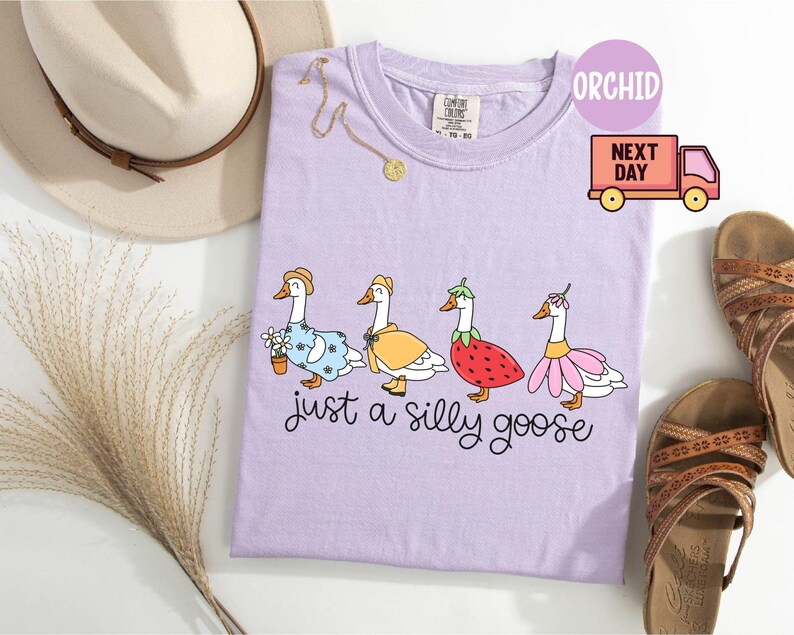 Peut inclure: T-shirt lilas avec l'inscription "just a silly goose" et un motif de quatre oies v&ecirc;tues de tenues diff&eacute;rentes. Le t-shirt est pr&eacute;sent&eacute; avec un chapeau beige, des sandales et un collier dor&eacute;.