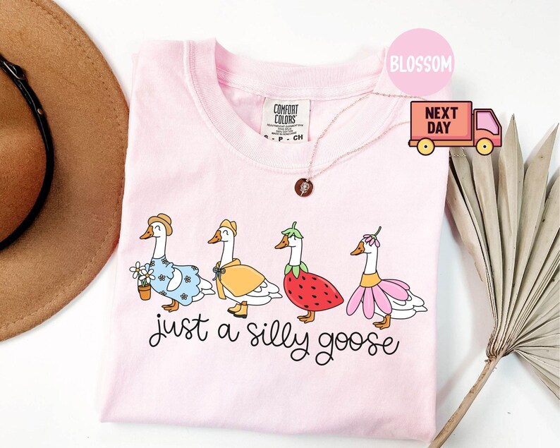 Peut inclure: T-shirt rose clair avec une illustration fantaisiste de quatre oies v&ecirc;tues de tenues vari&eacute;es, dont une robe, un imperm&eacute;able, une fraise et une jupe fleurie. Le texte "just a silly goose" est en dessous.