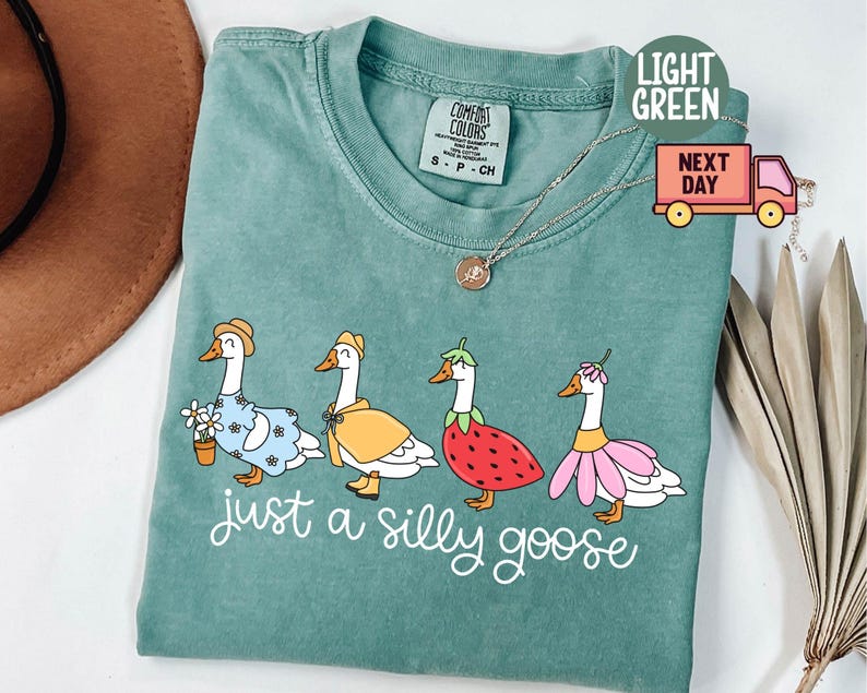 Peut inclure: T-shirt vert clair avec l'inscription "just a silly goose" en &eacute;criture blanche. Le t-shirt pr&eacute;sente une illustration fantaisiste de quatre oies, chacune orn&eacute;e de tenues uniques, dont une robe &agrave; fleurs et un costume de fraise.