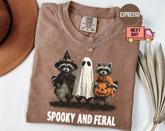Comfort Colors® Spooky and Feral Raccoon Halloween Tee: Funny Witch Animal Tee, Cute Creepy for Fall, Raccoon Witch Tee, Spooky Season Shirt
