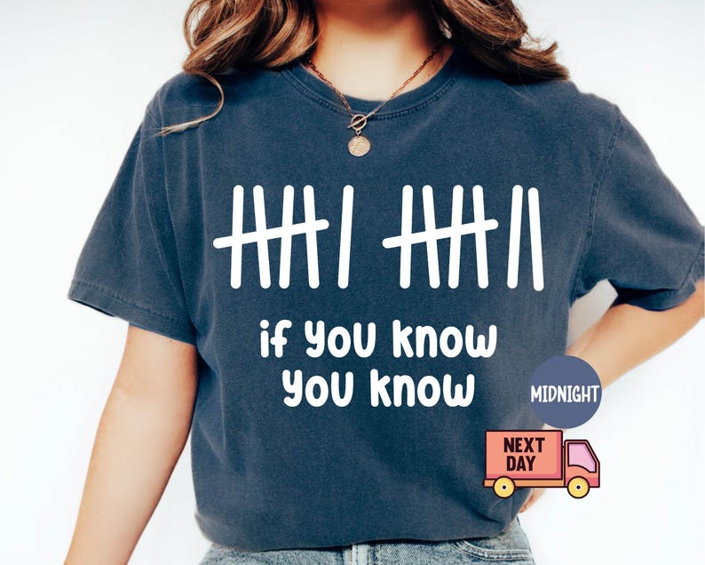 May include: Navy blue t-shirt with white tally marks and the phrase "if you know you know" in a bold, sans-serif font. The shirt has a classic crew neck and short sleeves. A small graphic of a delivery truck is visible.