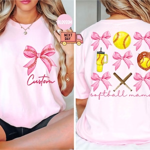 Comfort Colors® Custom Softball Mom Shirt, Coquette Softball Tee, Custom Softball Mama Tee, Mothers Day Gift, Game Day Shirt, Cheer Mom Tee