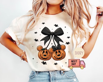 Comfort Colors Retro Coquette Bow Disney Halloween Shirt, Disney Mickey & Minnie Pumpkin Coquette Shirt