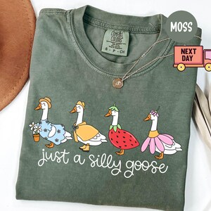 Peut inclure: T-shirt vert mousse avec une illustration fantaisiste de quatre oies v&ecirc;tues de tenues vari&eacute;es. L'expression "just a silly goose" est &eacute;crite en cursive en dessous. Le t-shirt a un col rond et des manches courtes.