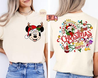 Camiseta Comfort Colors® de doble cara "Mickey's Very Merry Christmas Party 2026", Camiseta Disney Santa Mickey y sus amigos con luces navideñas