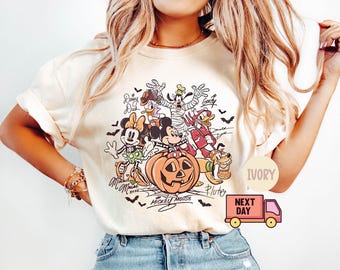 Comfort Colors® Retro Mickey & Friends with Signs Halloween Shirt, Mickey's Not So Scary Party 2025 Tee, Trick or Treat Disney Trip Shirt