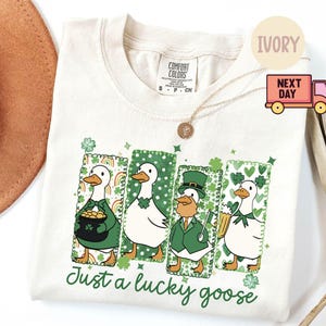 May include: Cream-coloured t-shirt with a St. Patrick's Day themed design of four cartoon geese. Each goose is dressed in green attire and set against a green background with shamrocks and rainbows. The text "Just a lucky goose" is printed below the geese.
