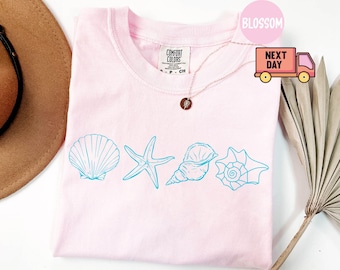 Comfort Colors® SeaShell Shirt, Preppy Beach T-Shirt, Gift for Teen Girls, Coastal Aesthetic Tee, Oversized Ocean Lover SeaShell T-Shirt