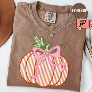 May include: Espresso-coloured Comfort Colors t-shirt featuring a pumpkin design with a pink bow and green leaves. The pumpkin has white and orange stripes. A silver necklace is draped on the shirt.