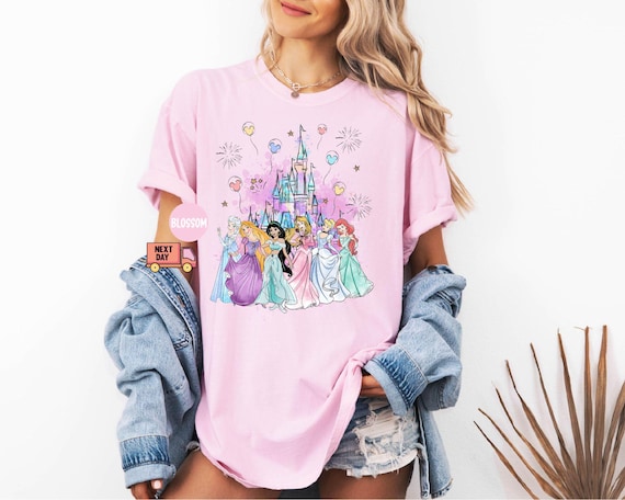 水彩画風お城の幼児用Tシャツ、ディズニープリンセスキッズシャツ