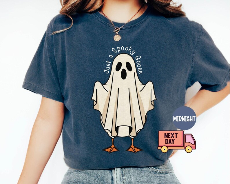 May include: Navy blue t-shirt featuring a cartoon ghost with goose feet and the text "Just a Spooky Goose" in a circular design. The ghost is white with black eyes and mouth. The shirt is a comfortable, casual style.