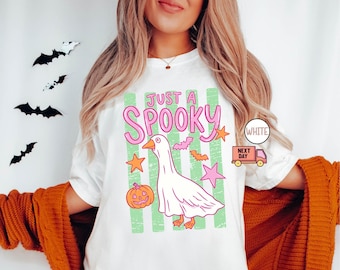 Comfort Colors® Just a Spooky Goose Shirt, Halloween Goose Shirt, Cute Ghost Goose Tee, Spooky Season Halloween Striped Goose Shirt