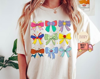 Comfort Colors®Disney Princess Cute Ribbons And Bows Pastel Colors Logo T-Shirt,Disney Princess Coquette Bow Shirt,Disney Princess Bow Shirt