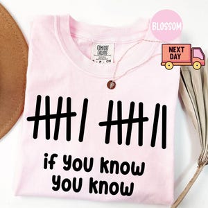 May include: A light pink t-shirt with black tally marks and the text "if you know you know". The shirt is made of a soft material and has a crew neck. A gold necklace with a pendant is visible.