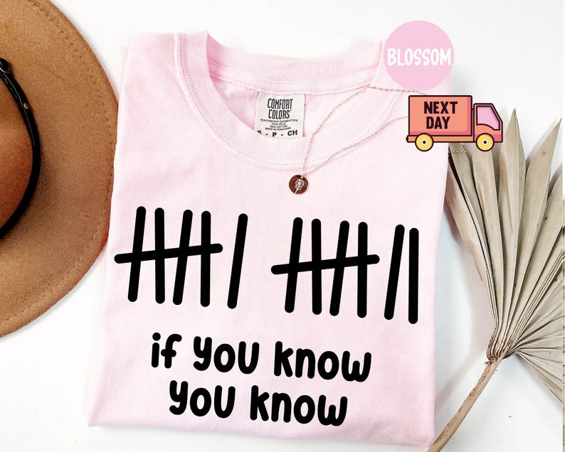 May include: A light pink t-shirt with black tally marks and the text "if you know you know". The shirt is made of a soft material and has a crew neck. A gold necklace with a pendant is visible.