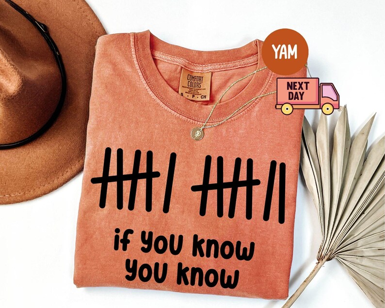 May include: Coral-colored t-shirt with black tally marks and the phrase "if you know you know" in a bold, sans-serif font. A gold necklace and a brown hat are visible. The shirt is made of Comfort Colors material.
