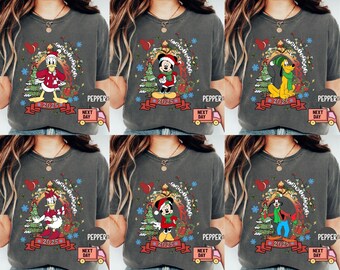 Comfort Colors® Retro Disney Very Merry Christmas Shirt, Custom Disney Christmas All Characters Shirt, Disney Family Christmas Shirts