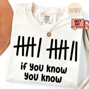 May include: Ivory-colored Comfort Colors t-shirt with black tally marks and the phrase "if you know you know." The shirt has a crew neck and short sleeves. A gold necklace with a pendant is visible.
