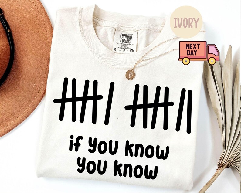 May include: Ivory-colored Comfort Colors t-shirt with black tally marks and the phrase "if you know you know." The shirt has a crew neck and short sleeves. A gold necklace with a pendant is visible.