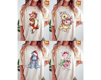 Comfort Colors® Winnie the Pooh Characters Christmas Shirt, Disney Christmas Party T-Shirt, The Pooh Eeyore Tigger Piglet Christmas Shirts