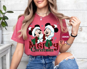 Comfort Colors®Minnie Mickey Merry Christmas Shirt, Disney Christmas Shirt, Christmas Mickey And Minnie Plaid Shirt,Christmas Family Holiday
