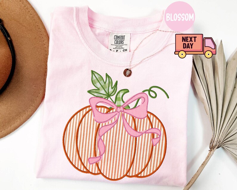 May include: A pale pink t-shirt with an embroidered pumpkin design. The pumpkin has vertical orange and white stripes, a pink bow, and green leaves. The shirt has a Comfort Colors tag.