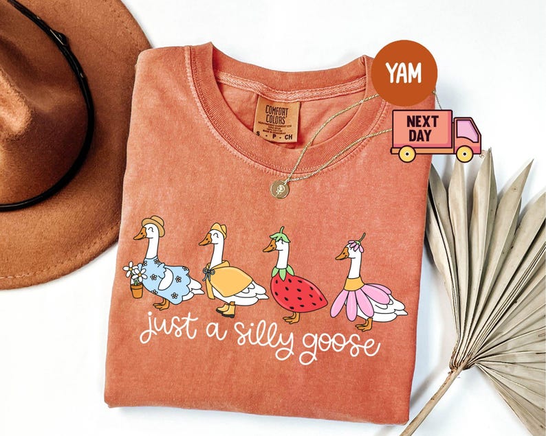 Peut inclure: Un t-shirt corail avec une illustration fantaisiste de quatre oies v&ecirc;tues de diff&eacute;rentes tenues. L'expression "just a silly goose" est &eacute;crite en dessous. Un chapeau marron et un collier en or sont &eacute;galement visibles.