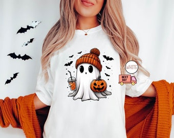 Camiseta Halloween Fantasma Comfort Colors, Camiseta Fantasma Fofa, Camiseta Feminina de Halloween, Camiseta Fofa de Outono, Camiseta para a Temporada Assustadora, Presente para o Halloween