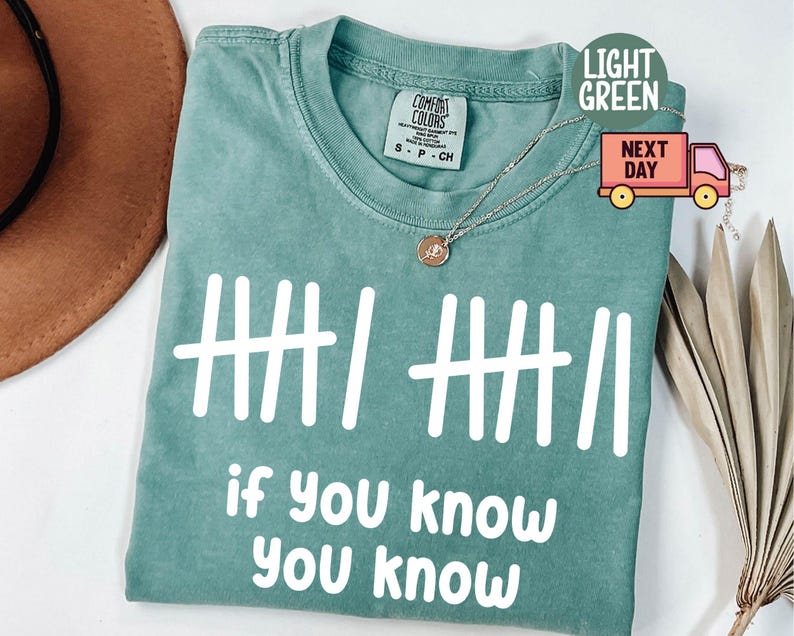 May include: Light green t-shirt with white text and tally marks. The phrase "if you know you know" is printed below the tally marks. The shirt has a crew neck and short sleeves. A gold necklace is draped over the shirt.