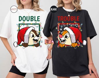 Comfort Color Disney Couples Chip n Dale Double Trouble Christmas Light T-Shirt, Mickey Very Merry Xmas Party Shirt, Disneyland Holiday Gift