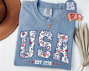 Comfort Colors® Floral USA Shirt, American Girl Shirt, USA Est 1776 Shirt, Girly 4th of July Shirt, Patriotic Women Shirt, Flower USA Shirt