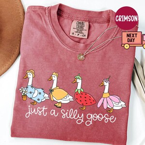 Peut inclure: T-shirt bordeaux avec une illustration fantaisiste de quatre oies v&ecirc;tues de tenues vari&eacute;es, dont une robe fleurie et un costume de fraise. Le texte "just a silly goose" est &eacute;crit en cursive sous les oies.