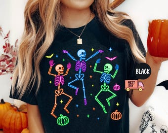 Comfort Colors® Neon Pumpkin Skeleton Halloween Shirt, Pumpkin Halloween Tee, Neon Halloween Skeleton Tee, Pumpkin Shirt,Spooky Season Shirt