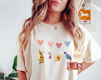 Camiseta de globo de Mickey y Winnie the Pooh, camiseta vintage de oso Pooh con colores cómodos, camiseta de viaje familiar de Disney, camiseta de Disneyworld, camiseta de The Pooh