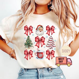 Comfort Colors® Christmas Coquette Bow Shirt, Cute Red Ribbon Santa Shirt, Merry Christmas Bows Tee, Christmas Gift, Gift for Women