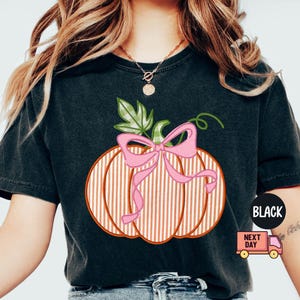 May include: Black t-shirt with a pumpkin design. The pumpkin has a pink bow and vertical stripes. A green leaf and stem are also present. The shirt has a round neck and short sleeves. The text "BLACK" is in a black circle.