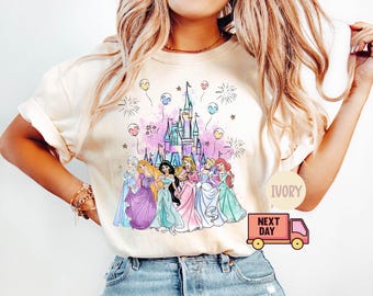Camiseta infantil con castillo de acuarela, camiseta infantil de princesas Disney, camiseta de Elsa y Rapunzel, camiseta de Jasmine Aurora, camiseta de Cenicienta y Ariel